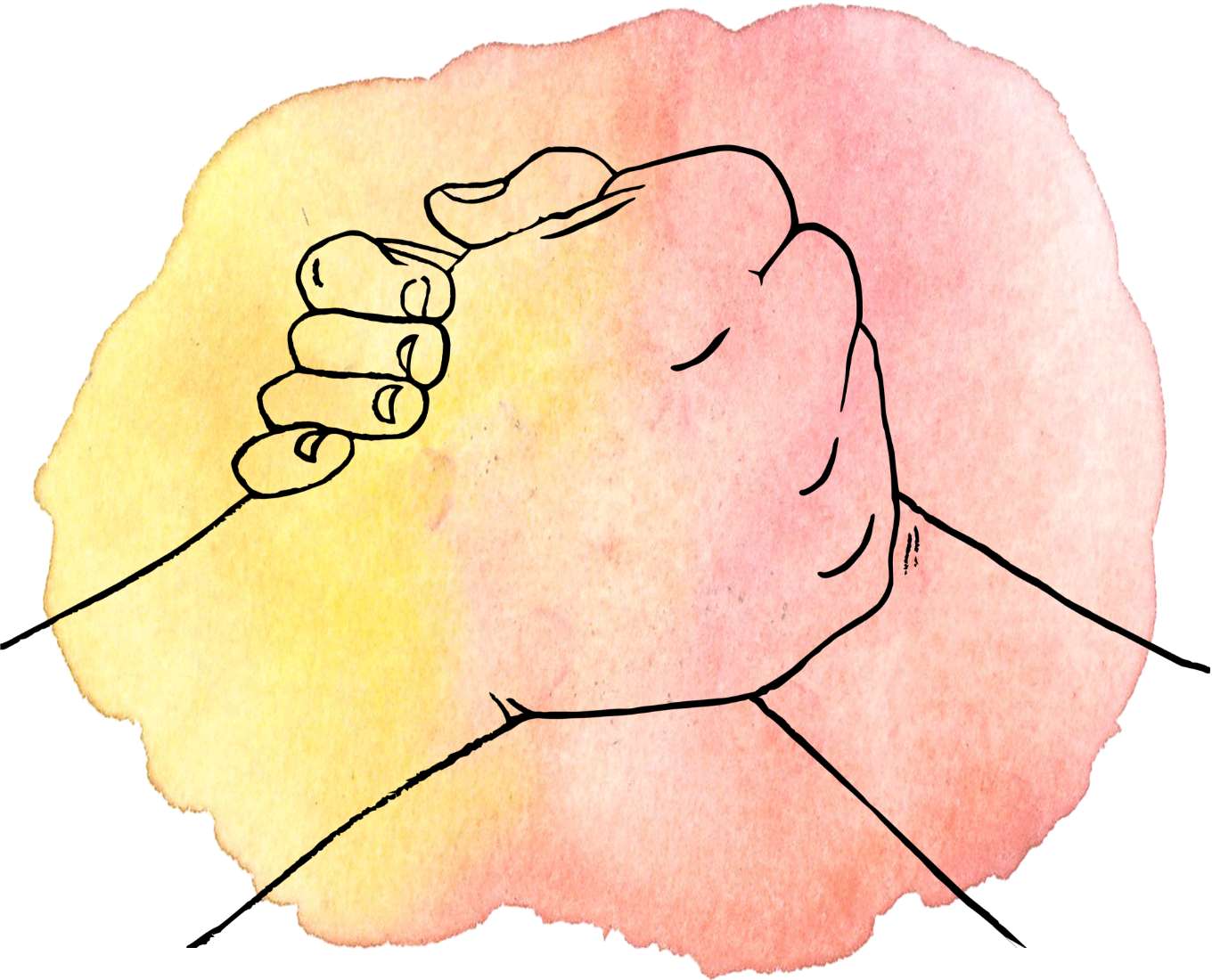 A line drawing of two hands clasping, as if helping someone up.