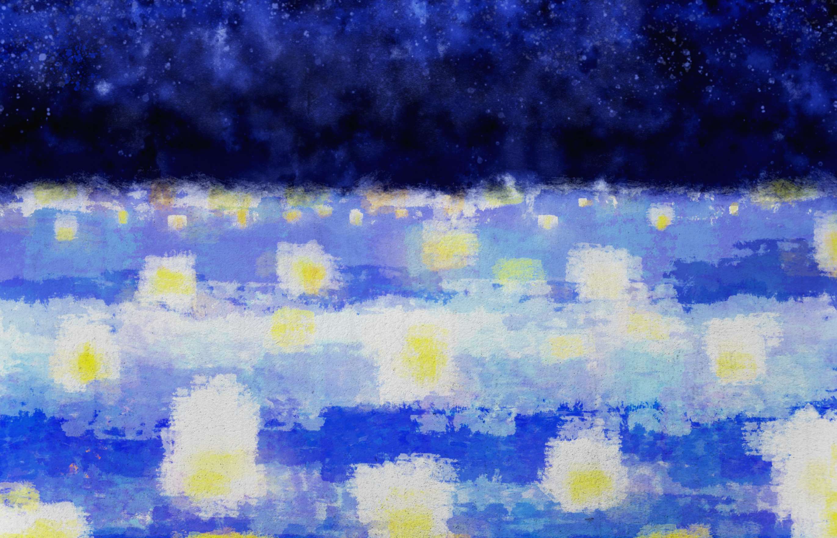 Impressionistic daubs of yellow and white paint mottled on a background of dark and light blue paint suggest lanterns on a body of water, over which stretches a deep, nearly black band flecked with white specks, suggesting a starry nighttime sky.