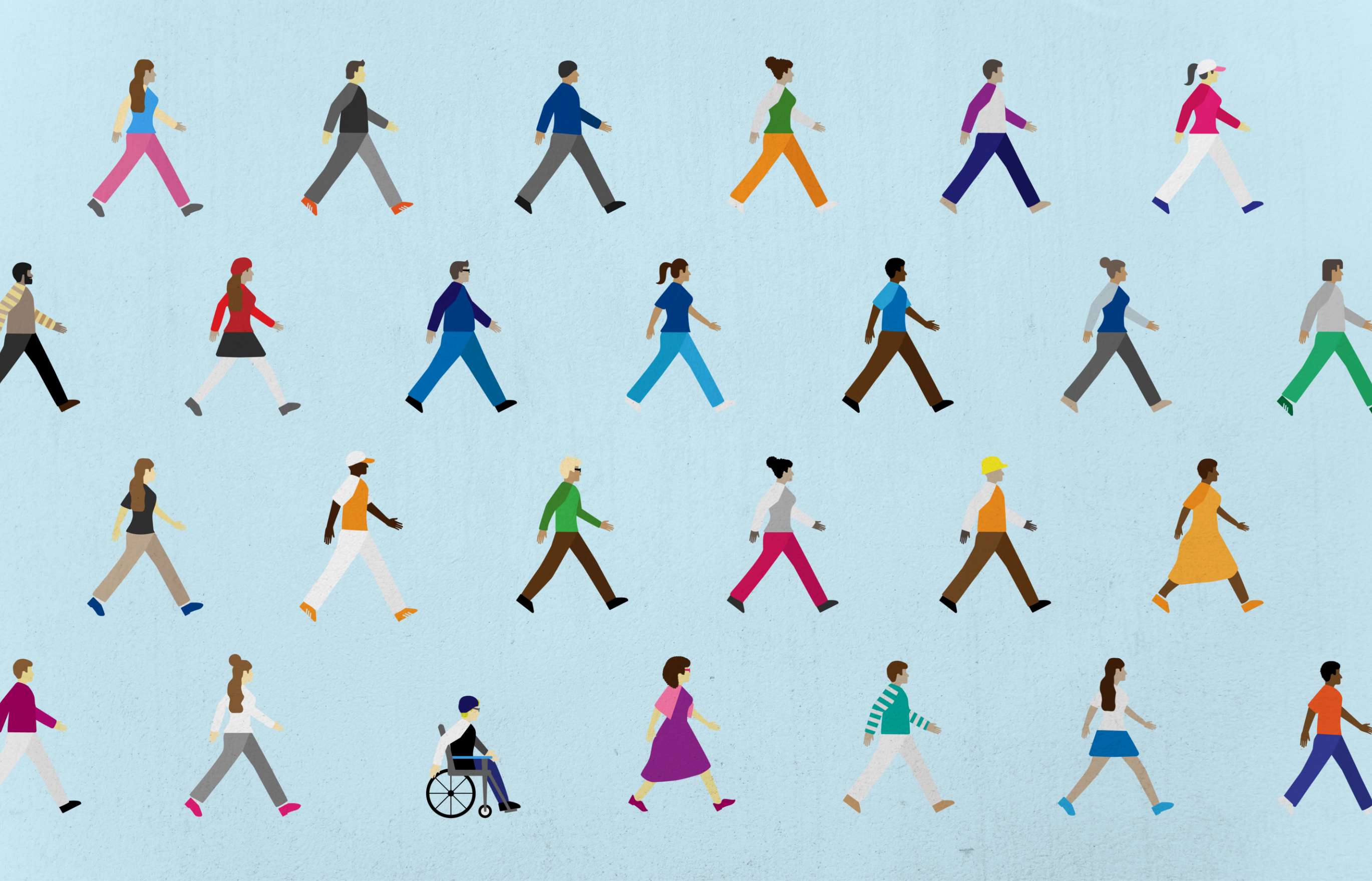 An illustration of diverse men and women in different types of dress, some walking, one in a wheelchair, moving in parallel rows toward the right.