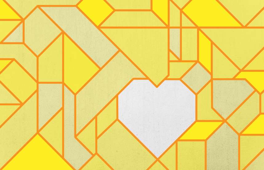 An illustration of interlocking geometric shapes in shades of yellow, surrounding a single, white heart-like shape.