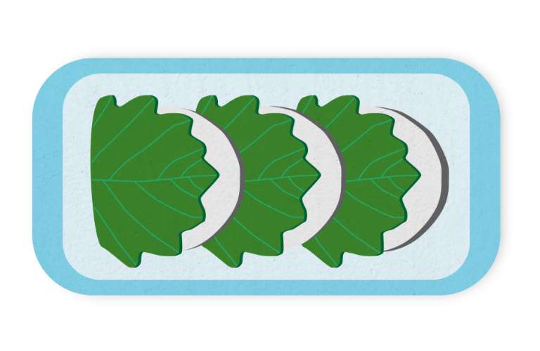 A blue rectangular plate with three white blobs arranged evenly and wrapped in green leaf-like shapes.