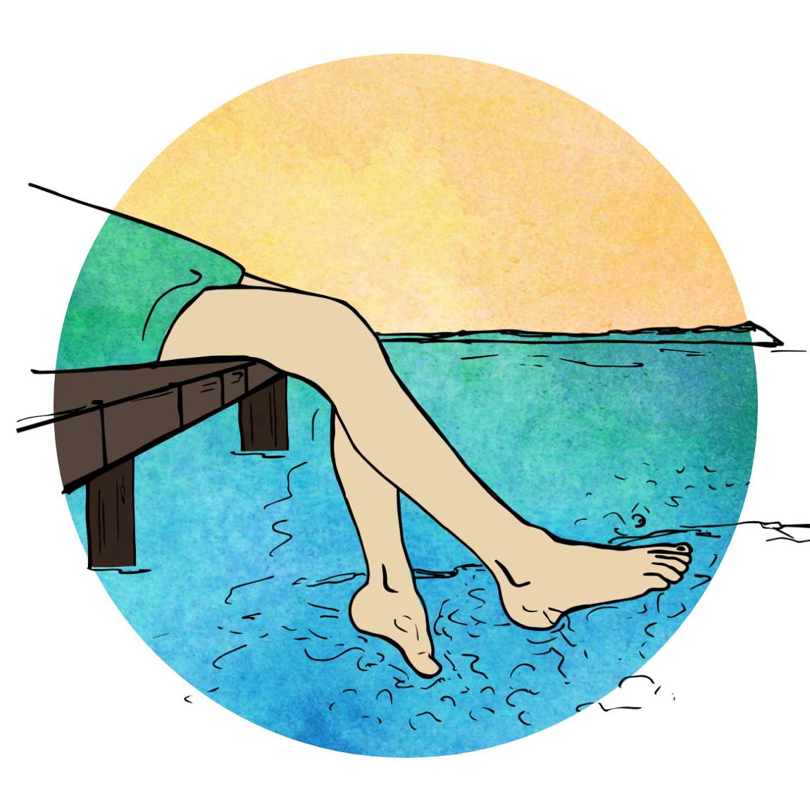 An illustration of two legs with bare dangling from the edge of a pier, playfully splashing in the blue water against a background of pale orange.