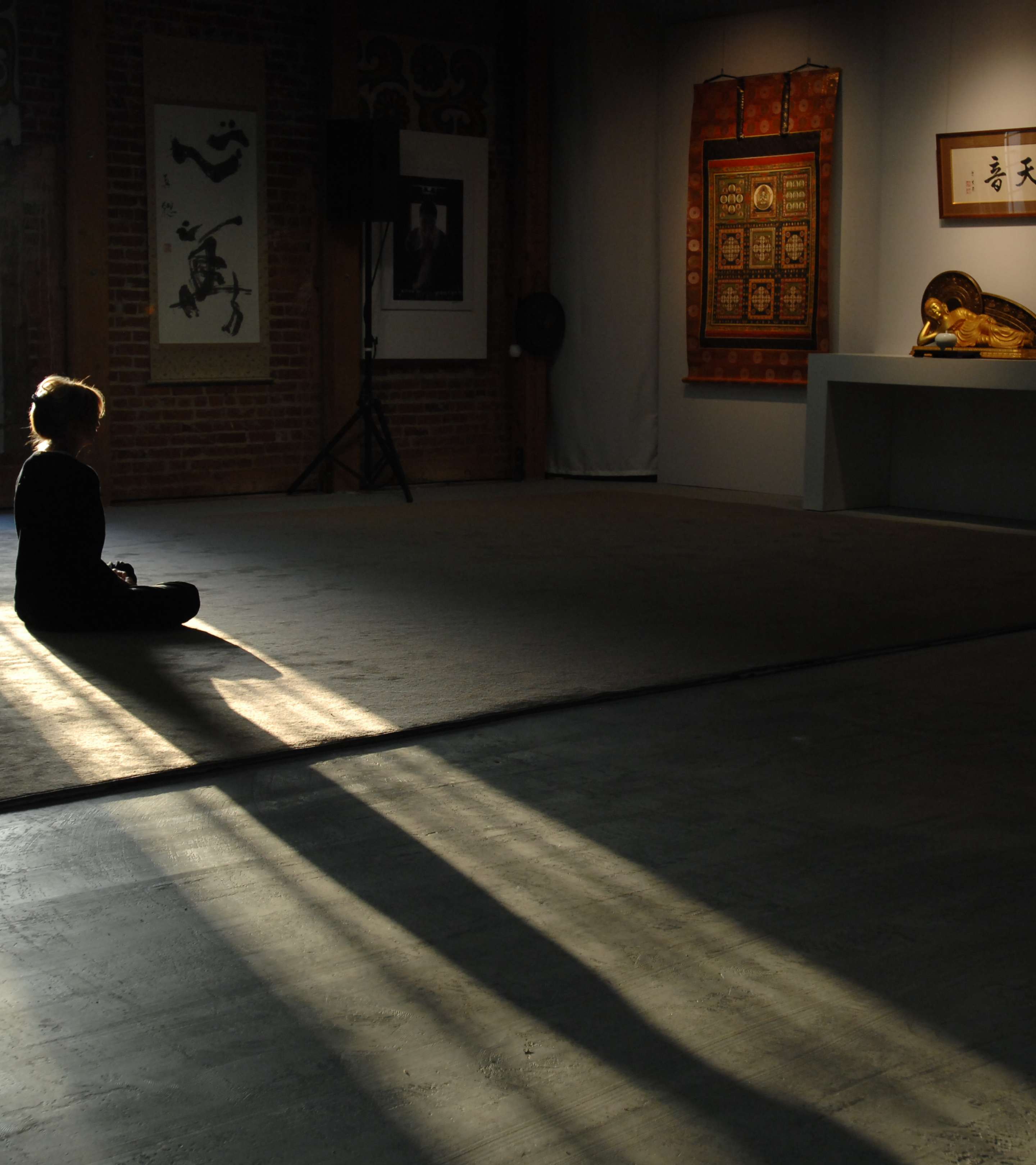 A solitary woman sits in meditative posture in a clean, spacious shrine room; calligraphic scrolls, a hanging painting of a mandala, and Nirvana Buddha statue decorate the space.