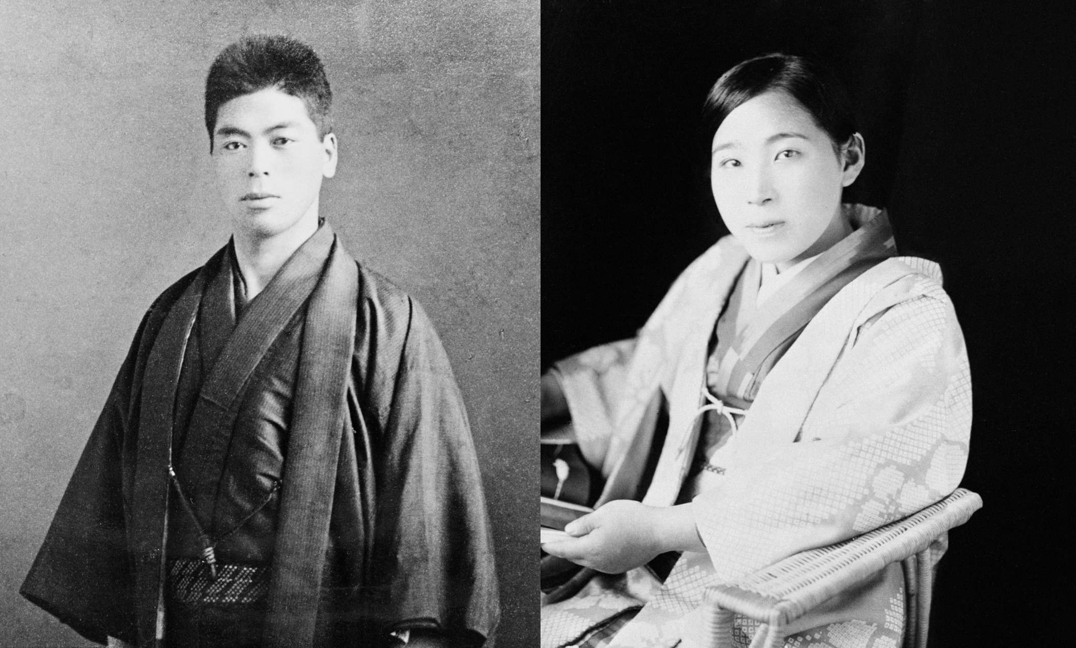 Side-by-side formal black and white portraits in which Shinjo stands wearing traditional kimono, and Tomoji sits in a chair wearing kimono.