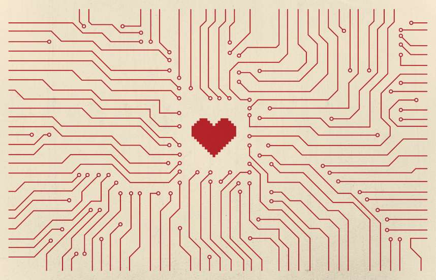 An illustration depicting a pixelated red heart at the center of a network of converging red lines on a beige background that suggest the surface of a computer chip.