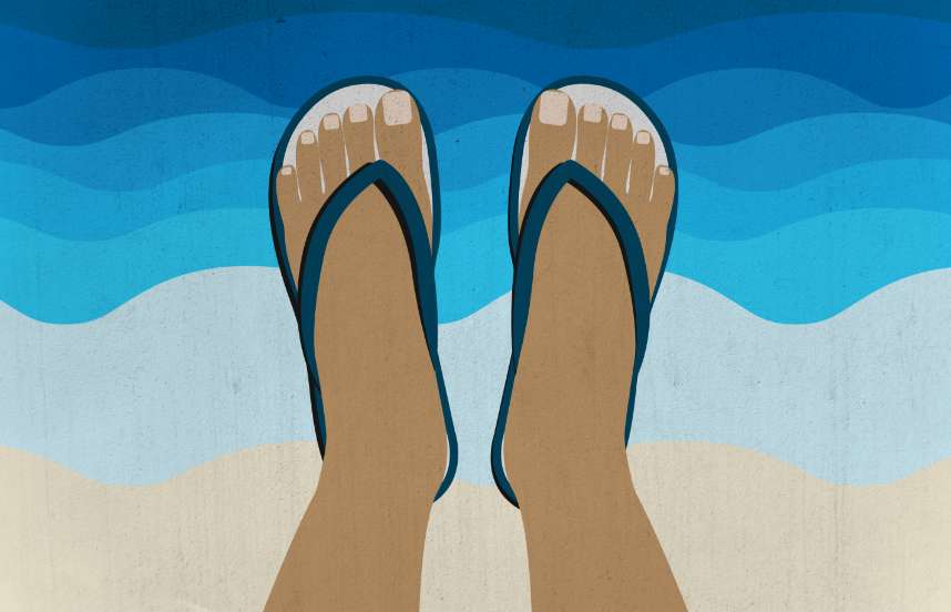An illustration of two feet wearing flip flops atop a field of roughly parallel waves of variegated blue hues, suggesting waves at the edge of a beach.