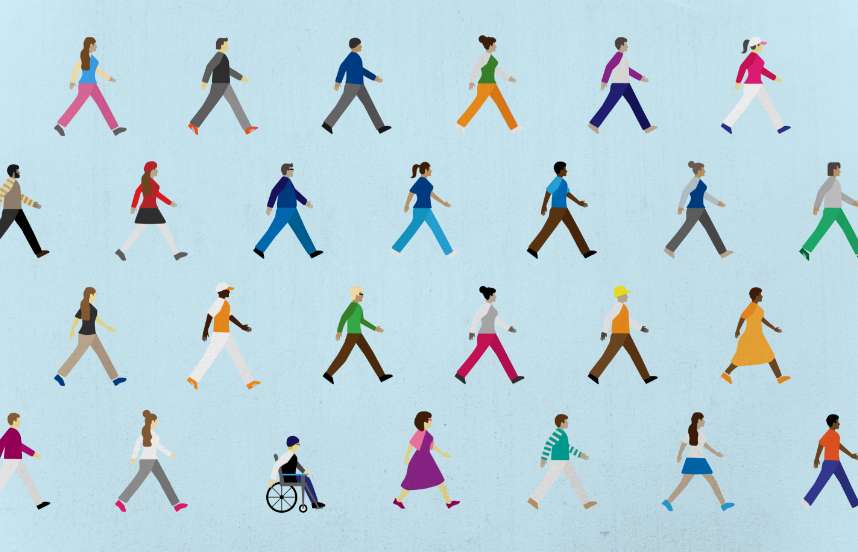 An illustration of diverse men and women in different types of dress, some walking, one in a wheelchair, moving in parallel rows toward the right.